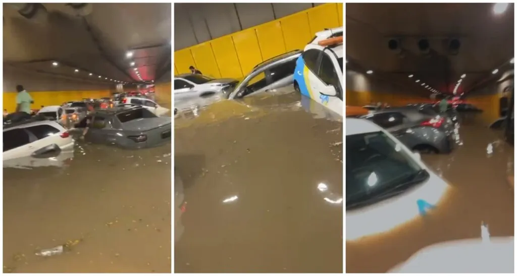 Chuva forte alaga Centro de São Paulo e deixa carros submersos no Túnel do Anhangabaú